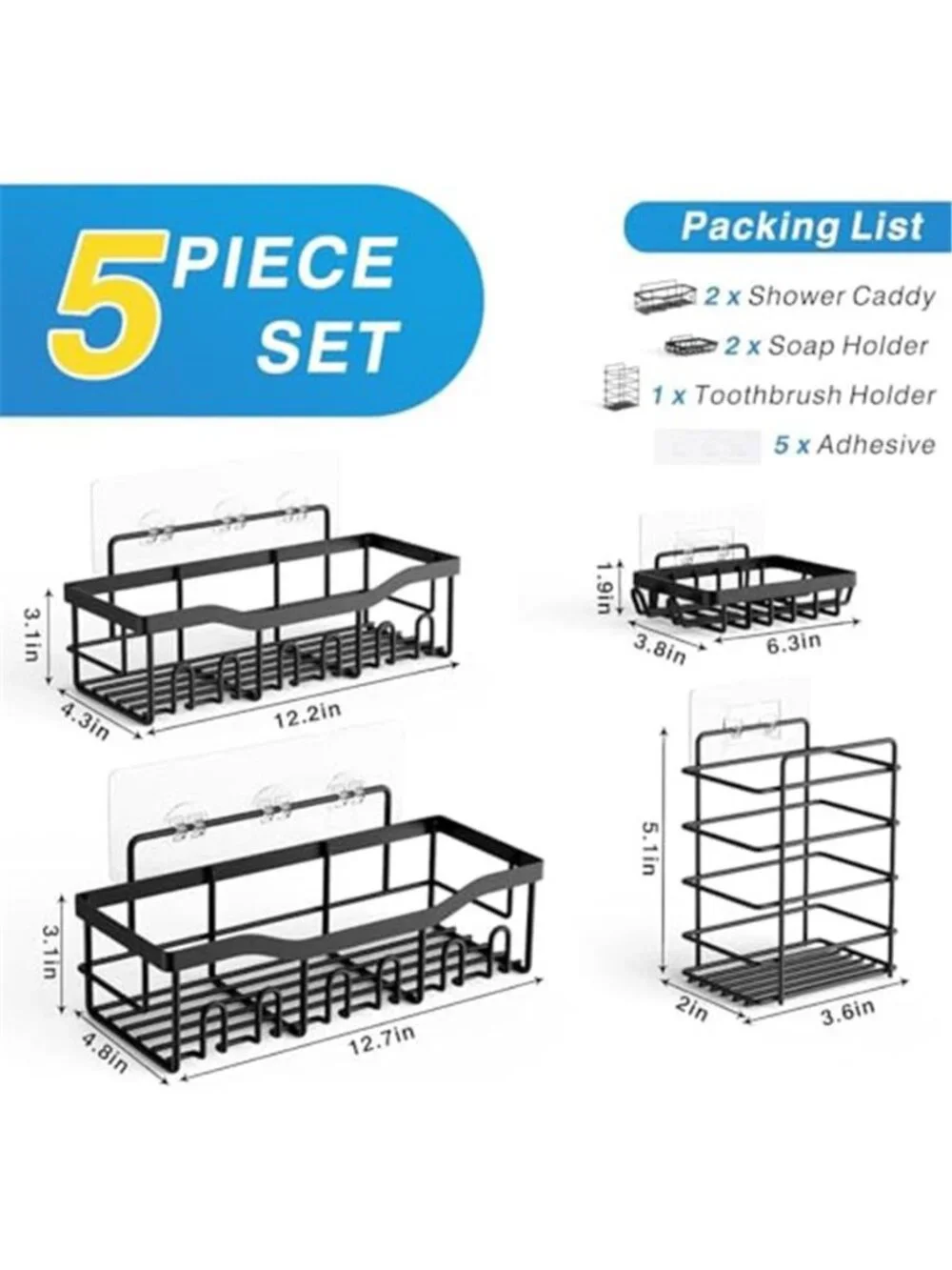 5-Pack Rustproof Stainless Steel Shower Caddy Set– No Drill Adhesive Bathroom